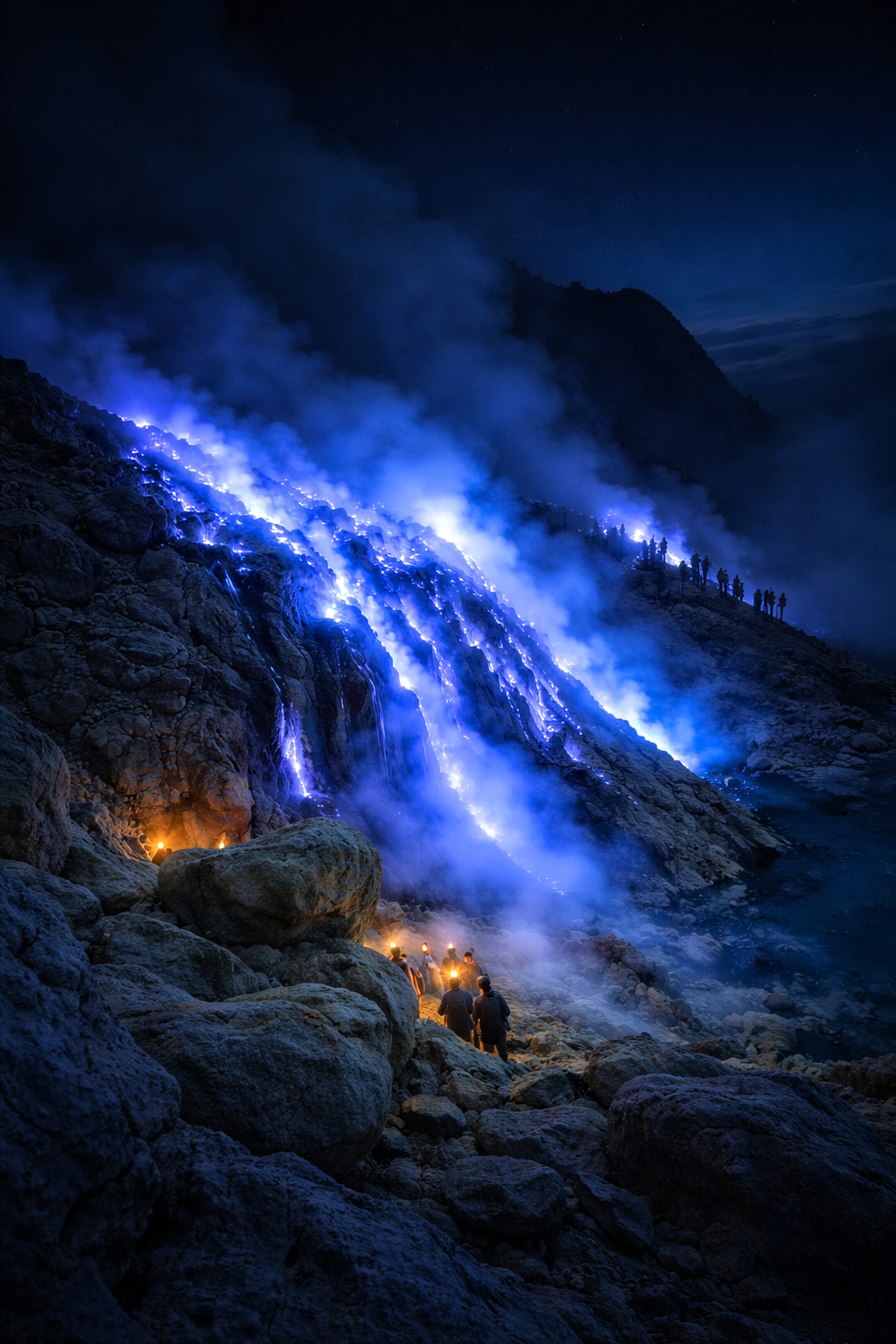 Blue fire phenomenon at Mount Ijen volcano during a midnight hike, East Java, Indonesia, with glowing blue flames and hikers watching before sunrise.