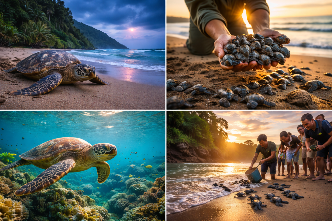 Sea turtle nesting on Sukamade Beach in Meru Betiri National Park Dense rainforest path in Meru Betiri, East Java Green Bay (Teluk Hijau) turquoise waters East Java Rafflesia zollingeriana blooming in Meru Betiri jungle